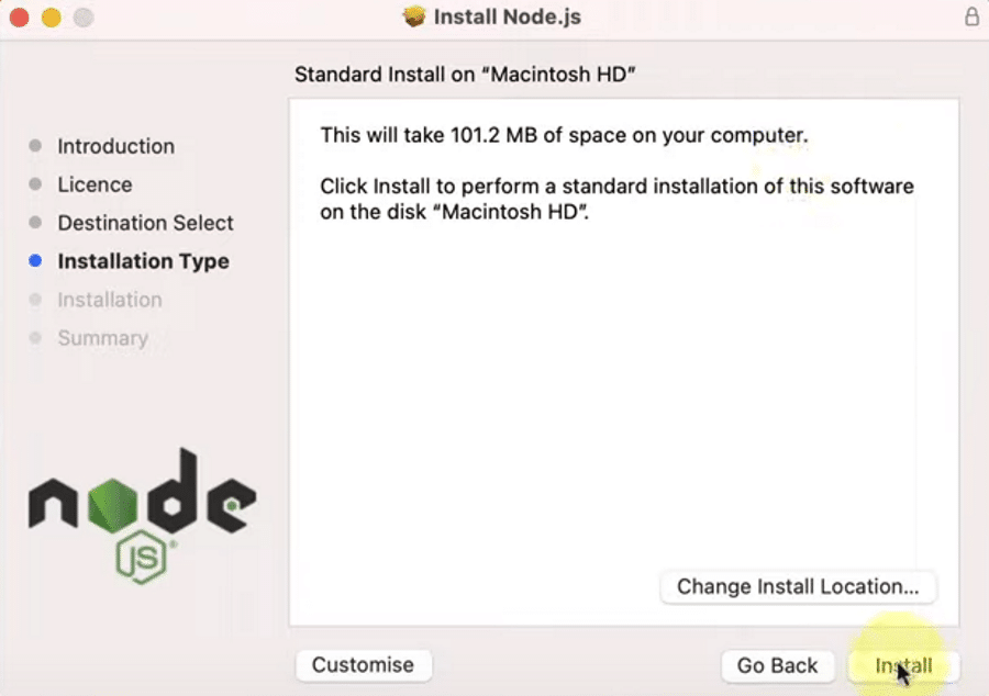 在 macOS 上选择 Node.js 安装位置。