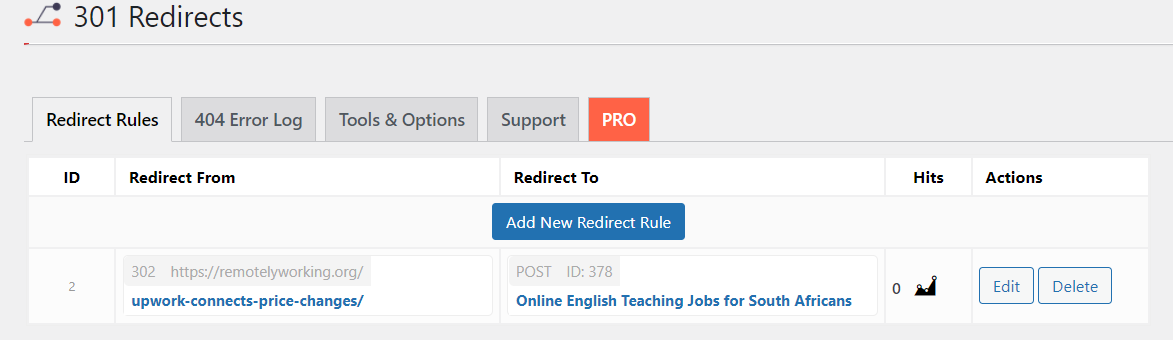 301 Redirects WordPress 插件的重定向規則設置頁面。