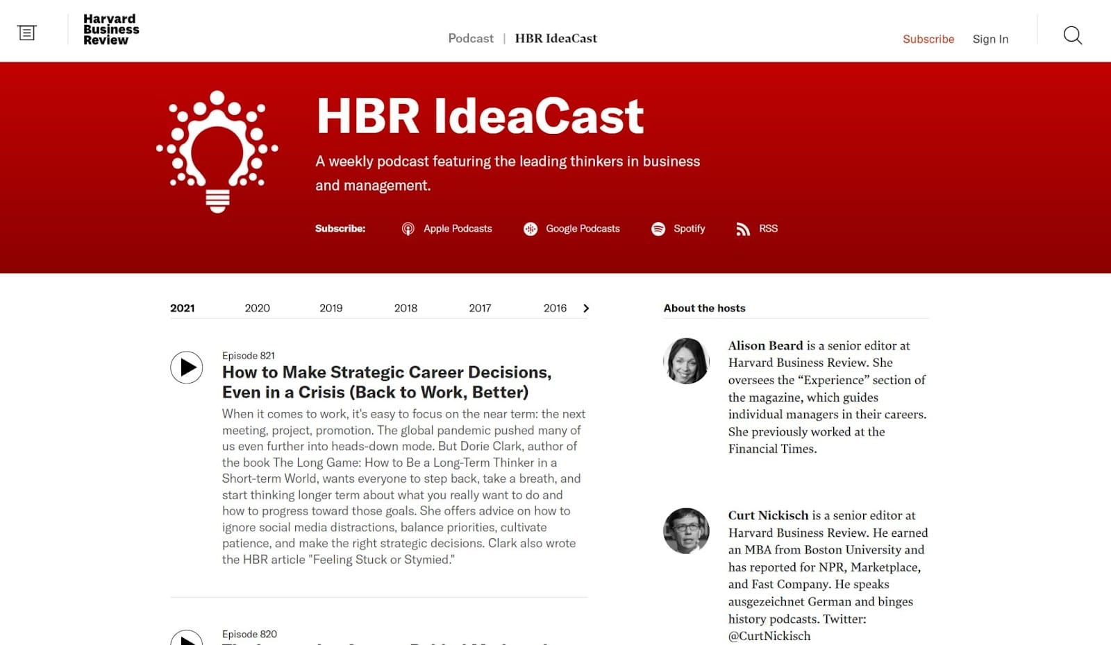 HBR IdeaCast 播客主頁的屏幕截圖