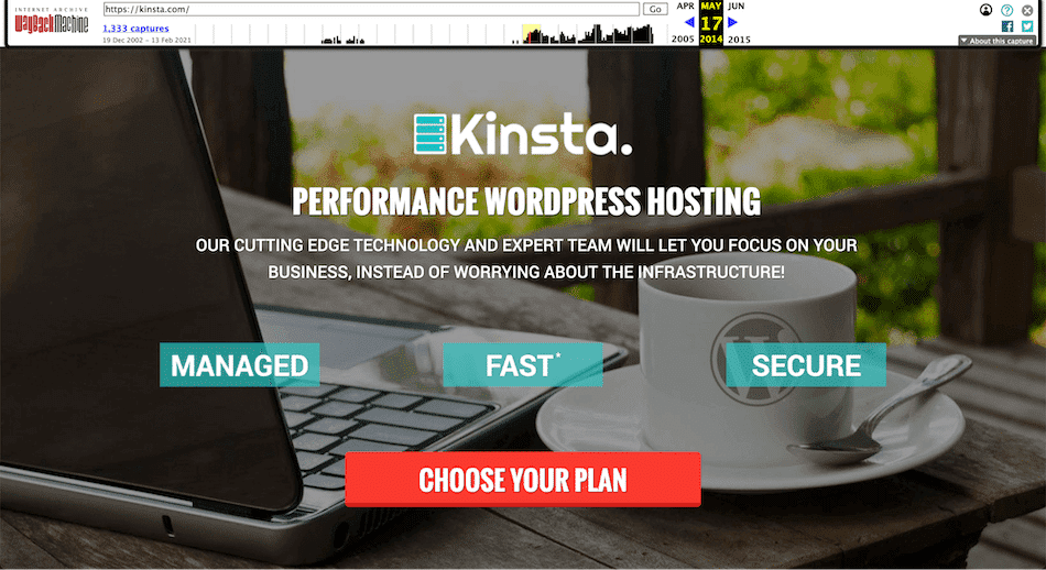 Wayback Machine 上 2014 年 Kinsta 网站的屏幕截图。