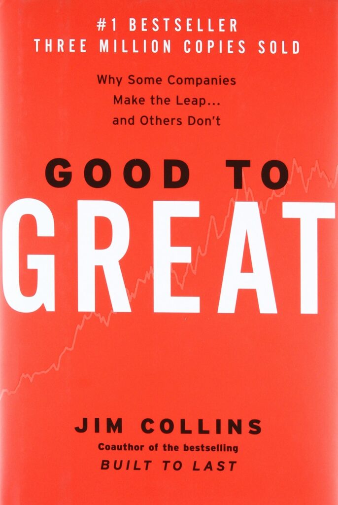 吉姆·柯林斯 (Jim Collins) 所著《從優秀到卓越》一書的封面，標題為紅色背景上的黑白大文字，並帶有折線圖。