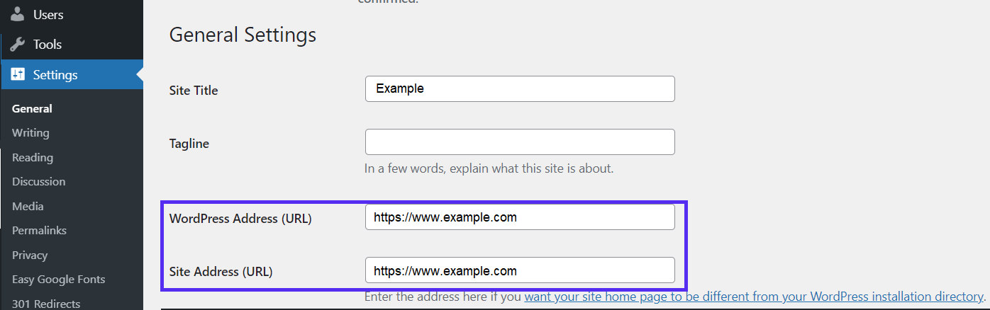 WordPress 中的「常規設置」頁面，帶有突出顯示的地址欄位。