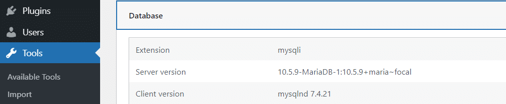 通過工具和資料庫部分檢查 WordPress 中的 MySQL 版本。