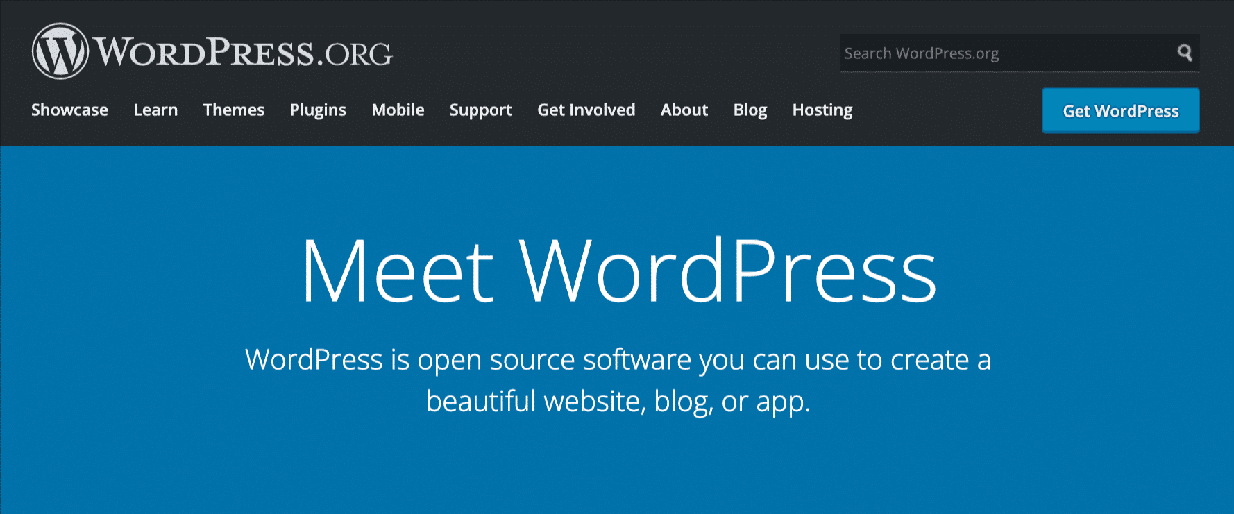 WordPress.org 主页的屏幕截图，蓝色背景上有白色文字，上面写着 
