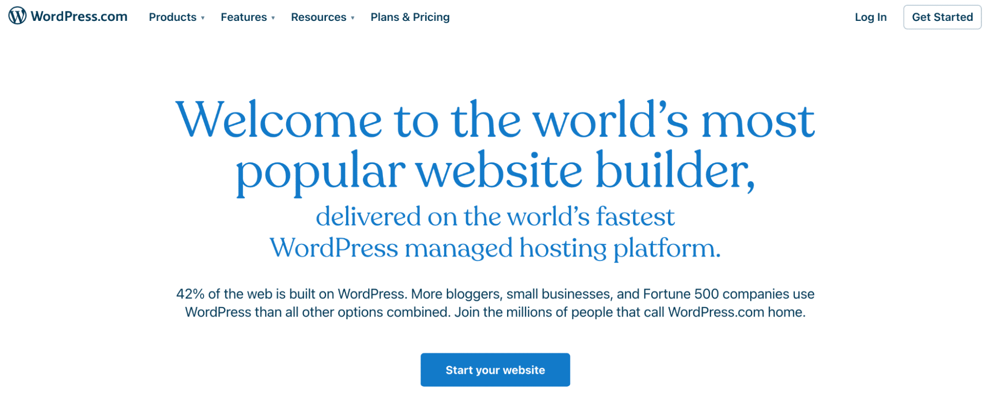 WordPress.com 主页的屏幕截图，白色背景上有蓝色文字，上面写着 