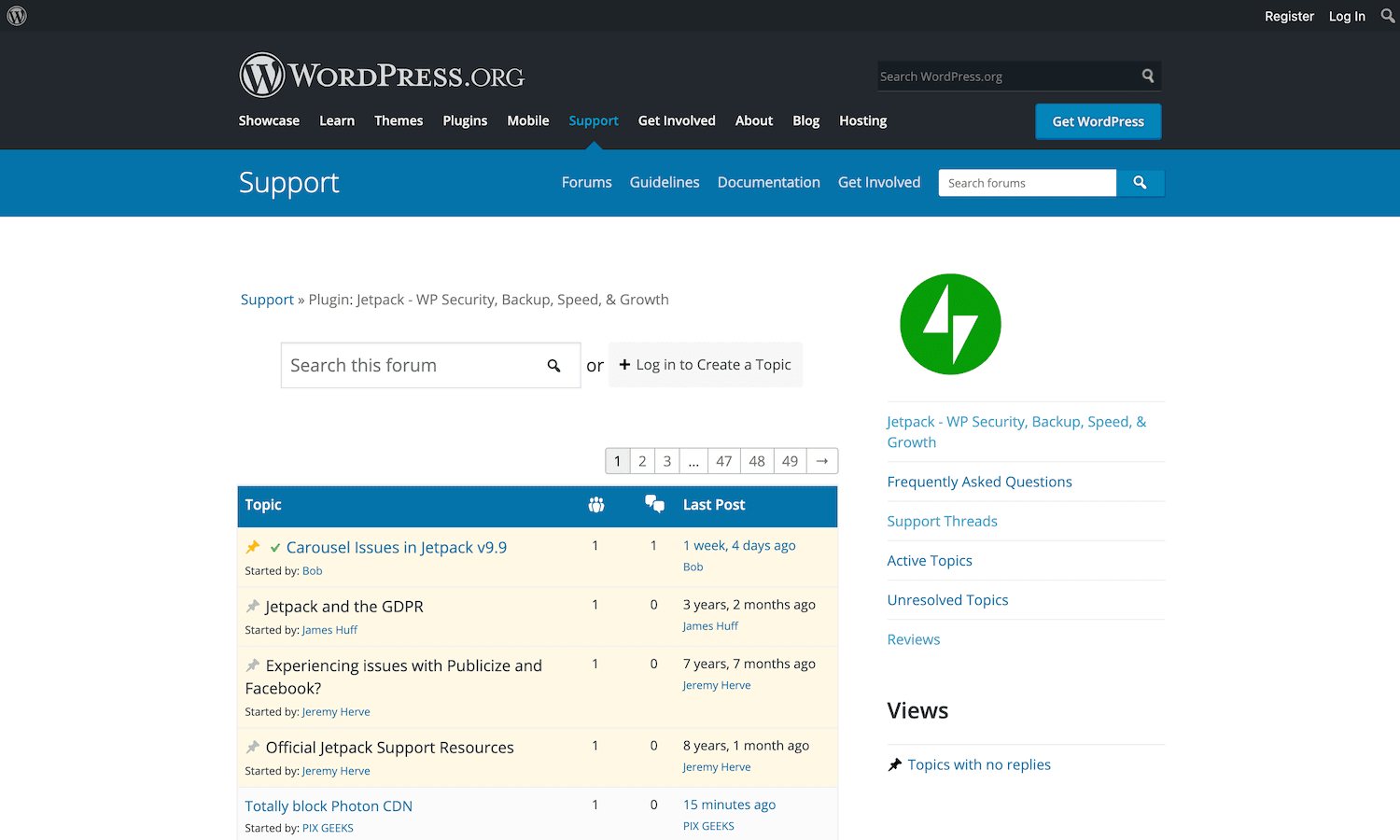 官方 WordPress 存儲庫中的支持選項卡。