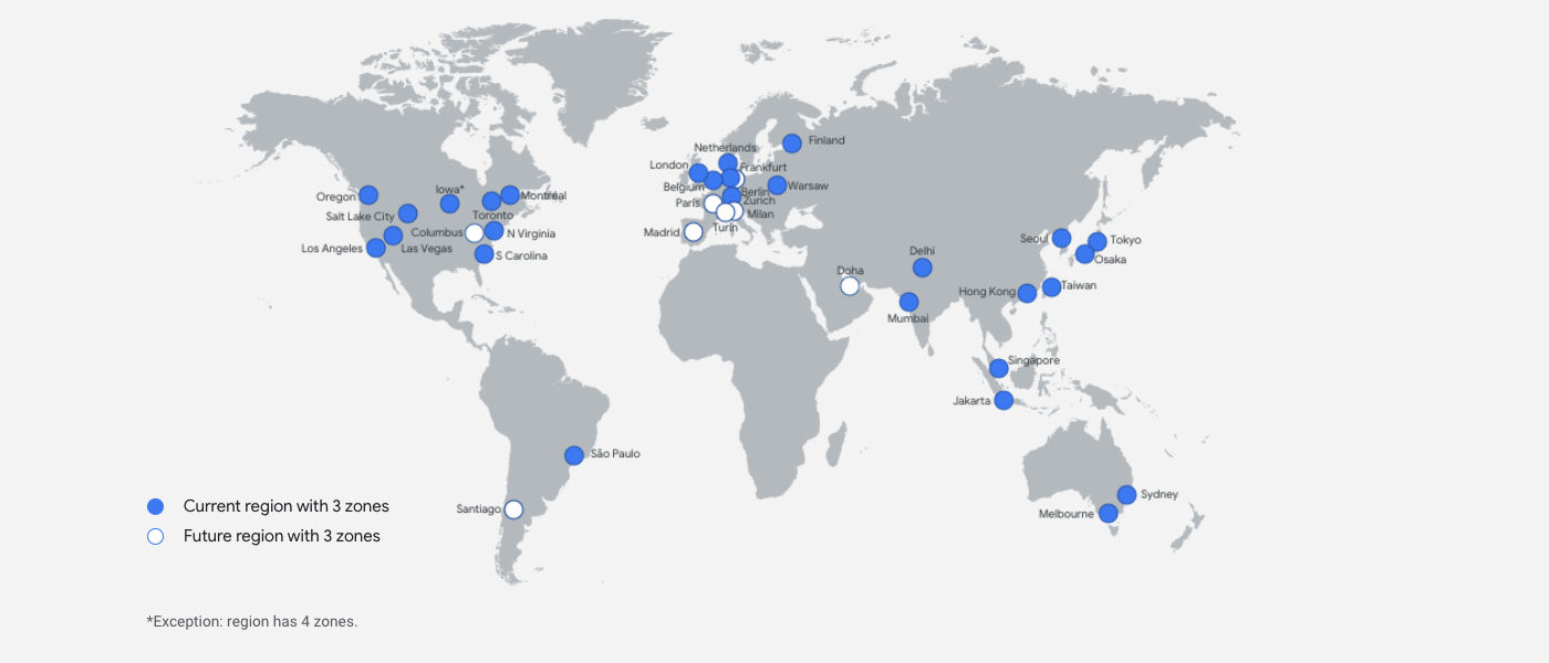 Google Cloud 区域的世界地图。