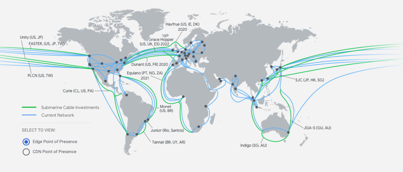 Google Cloud 網路的世界地圖。