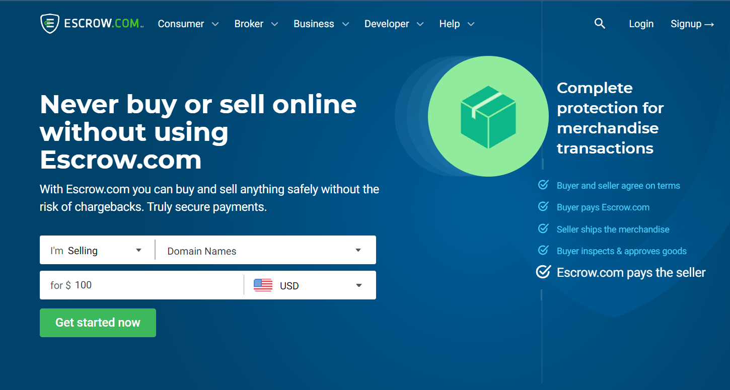 Escrow 主页，它是了解如何以最佳方式销售域名的重要工具。