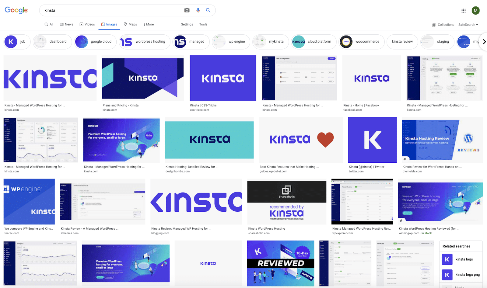 谷歌上 Kinsta 标志的图片搜索结果。