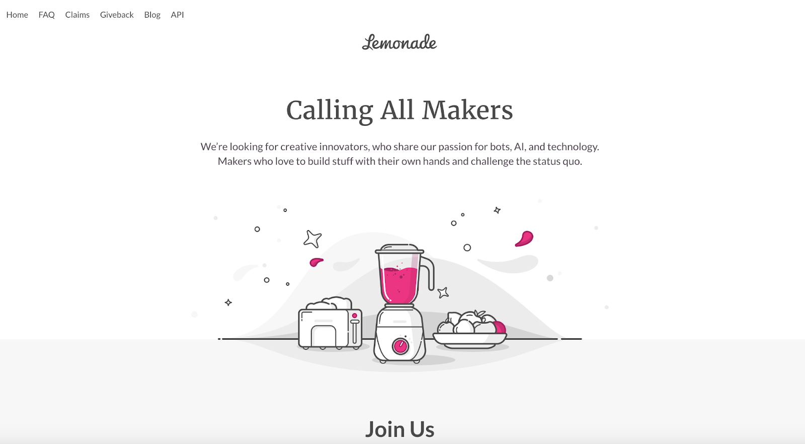 Lemonade 在其寶貴的「關於我們」頁面上招募新團隊成員。