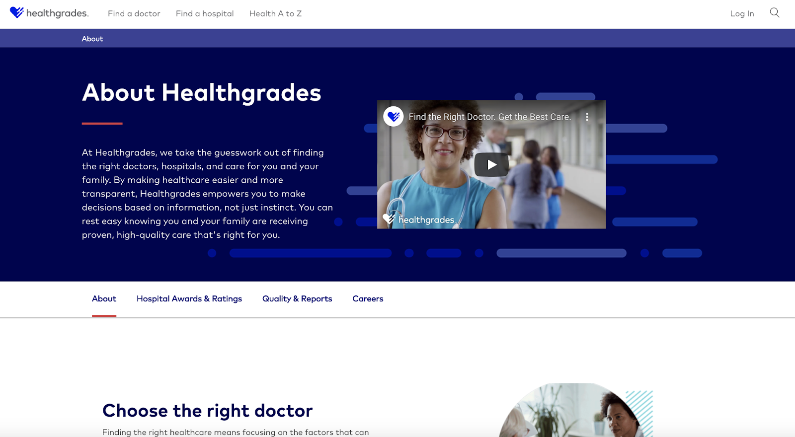 Healthgrades 的「關於我們」頁面包含豐富的內容。