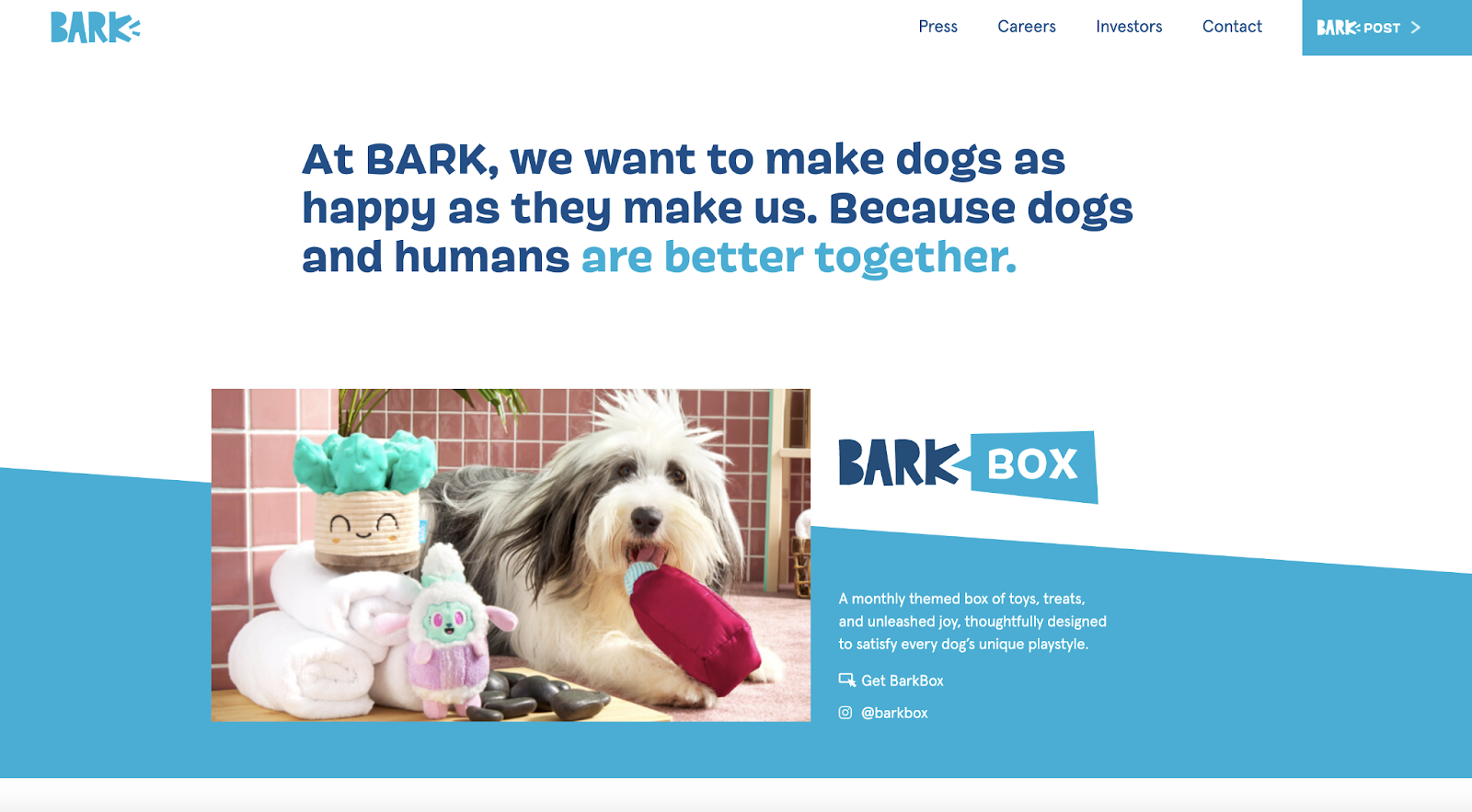 BarkBox 的“关于我们”页面极具吸引力且引人入胜。