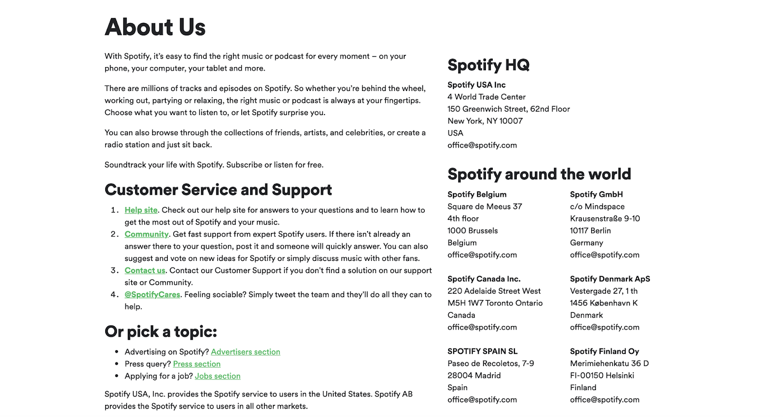 在 Spotify 的“关于我们”页面上只能找到基本信息。