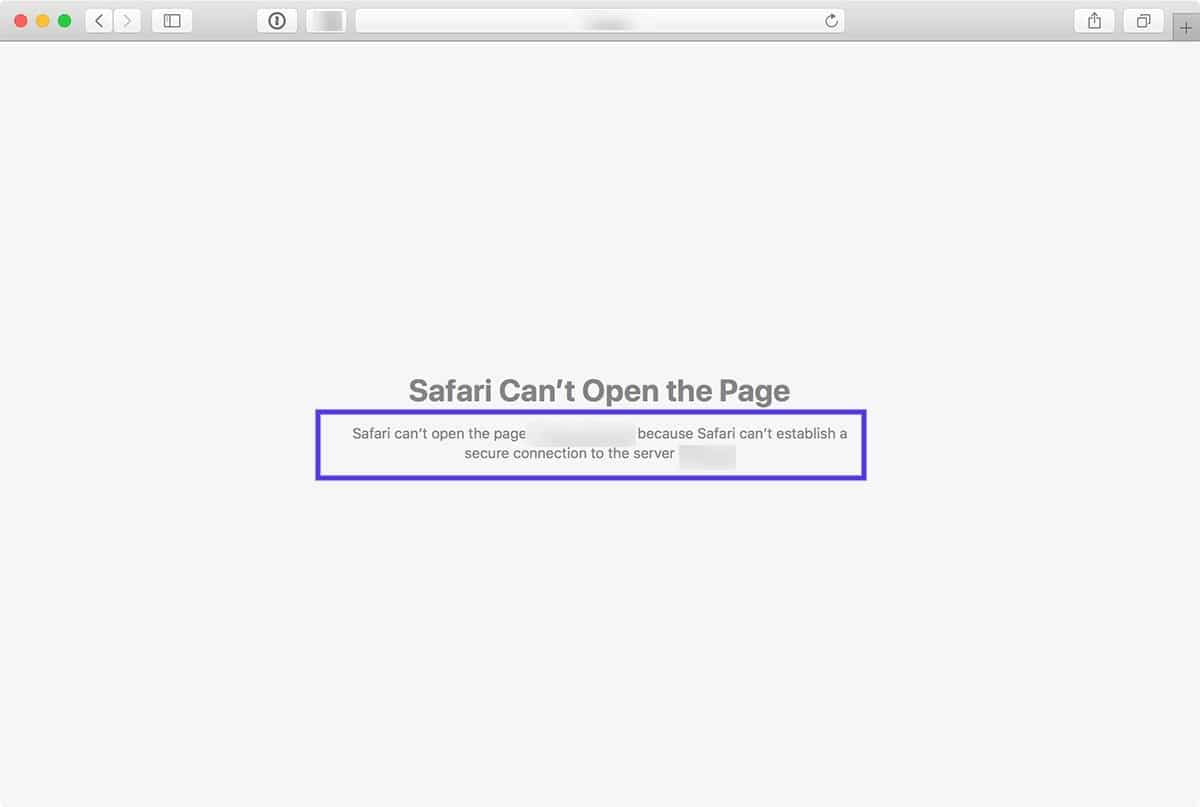 “Safari 无法与服务器建立安全连接”错误的屏幕截图。
