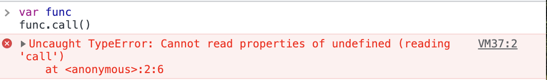 错误“Uncaught TypeError: Cannot read properties of undefined”显示在红色背景上，红色十字图标旁边带有 func.call()。