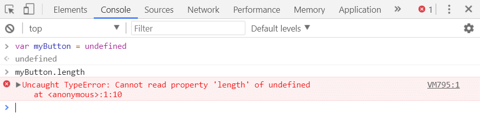 错误“Uncaught TypeError: Cannot read property 'length' of undefined”显示在红色背景上的红色十字图标旁边，上面有 myButton.length 调用。