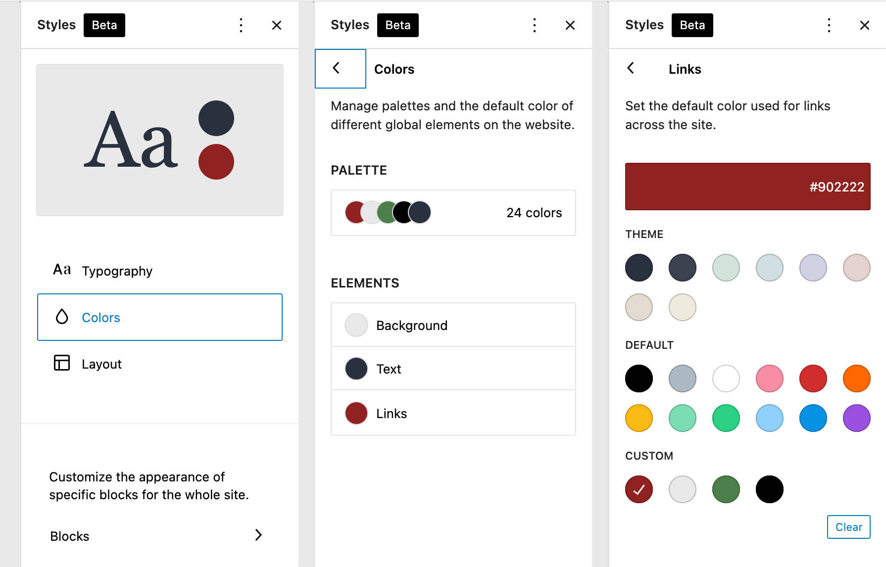 TT1 块颜色设置，显示三个独立调色板选项的各种色环：主题、默认和自定义。