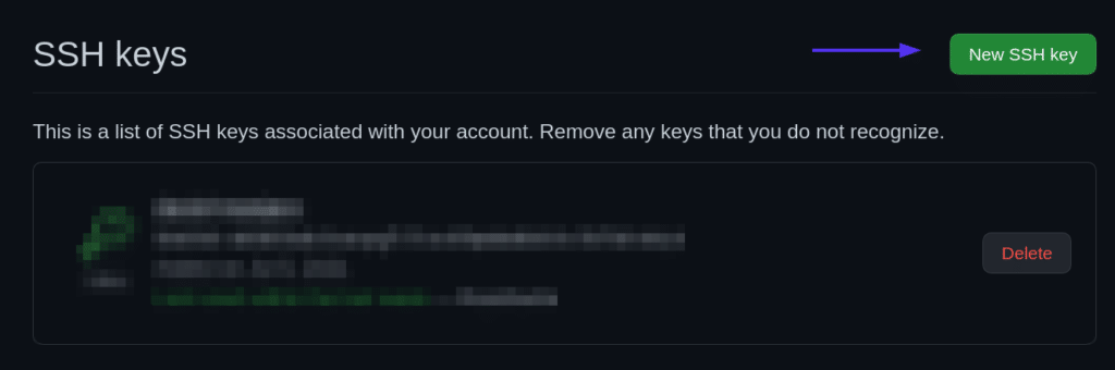 SSH 密鑰部分帶有指向新建 SSH 密鑰按鈕的箭頭。