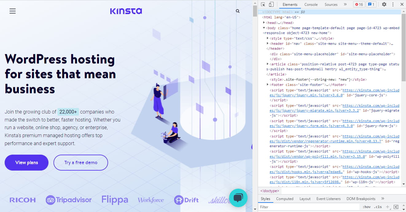 Kinsta 主頁的 HTML 視圖。