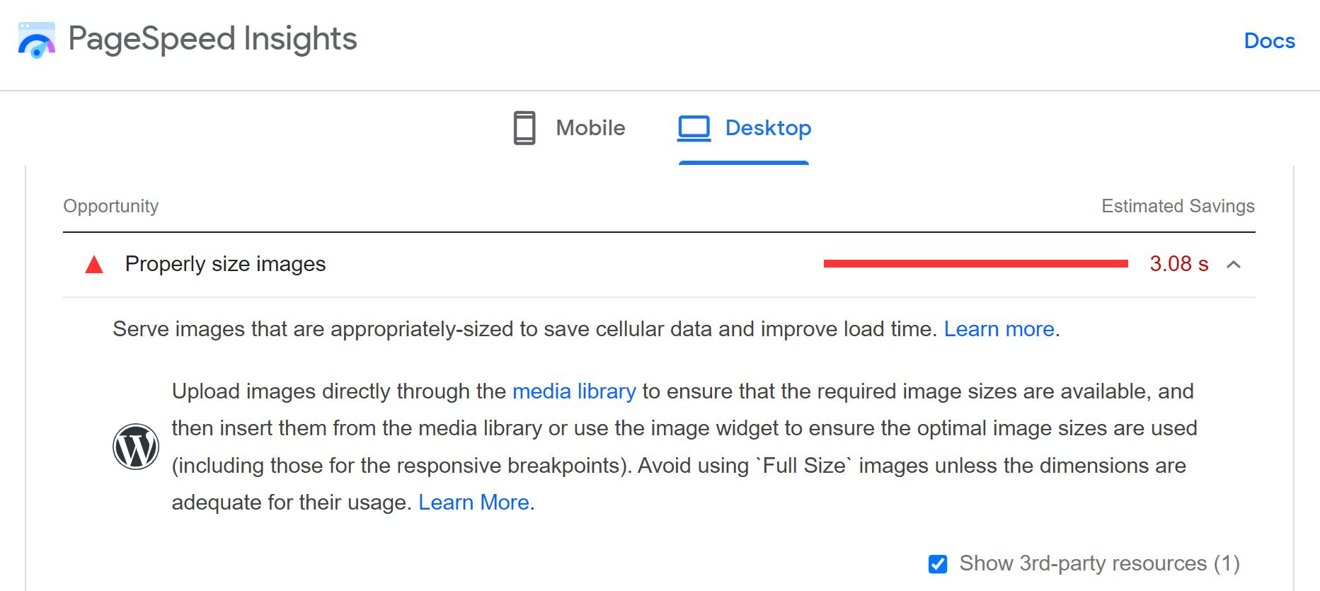 PageSpeed Insights 建議調整圖像大小可以提高您的最大內容繪製分數。 