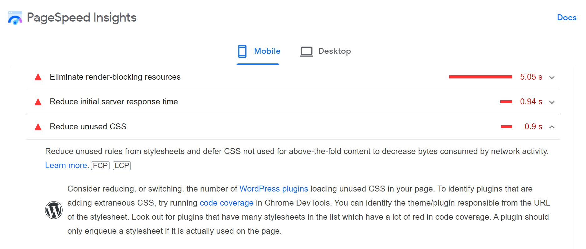 PageSpeed Insights 建议减少未使用的 CSS