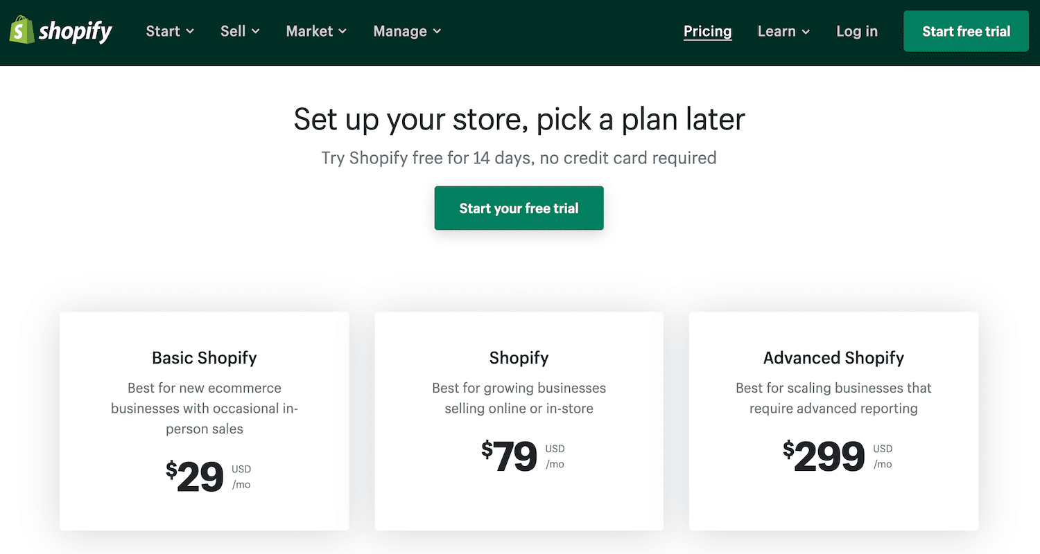Shopify 定價計劃頁面。