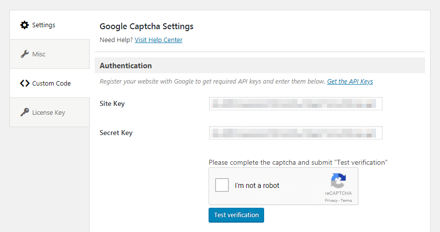 Google Captcha 插件测试选项。