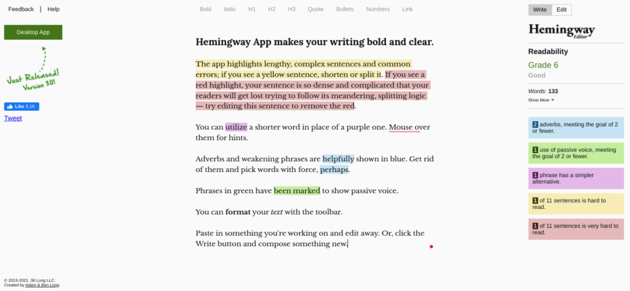Hemingway App AI 内容作者网站。