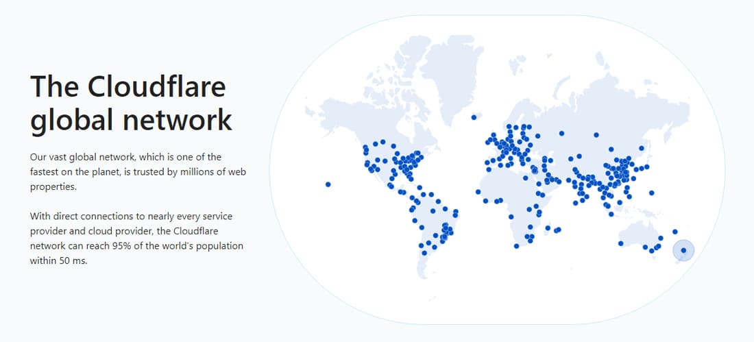 Cloudflare 网站的屏幕截图显示了其所有 POP 的全球地图。