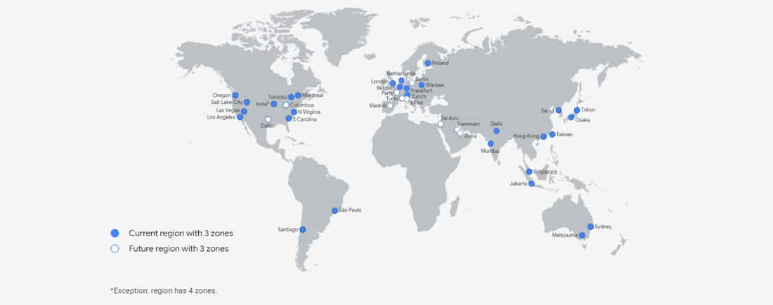 Google Cloud 全球区域的全球地图。