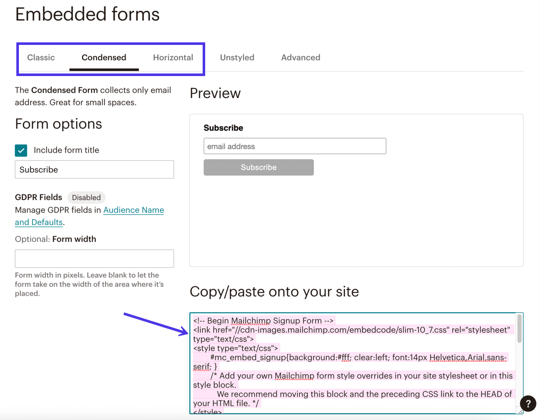 在 Embedded Forms 部分设计一个表单，然后复制代码以将其带到 WordPress 小部件