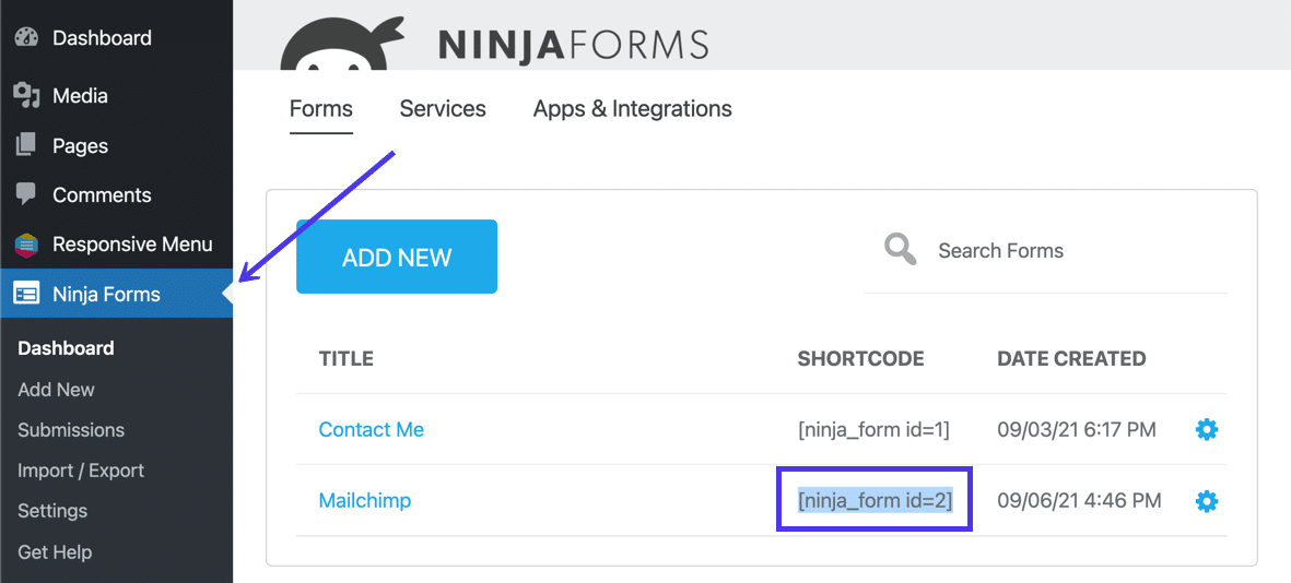 Ninja Forms 为您制作的每个表单生成简码