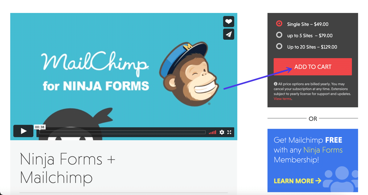 Mailchimp for Ninja Forms 擴展是必需的