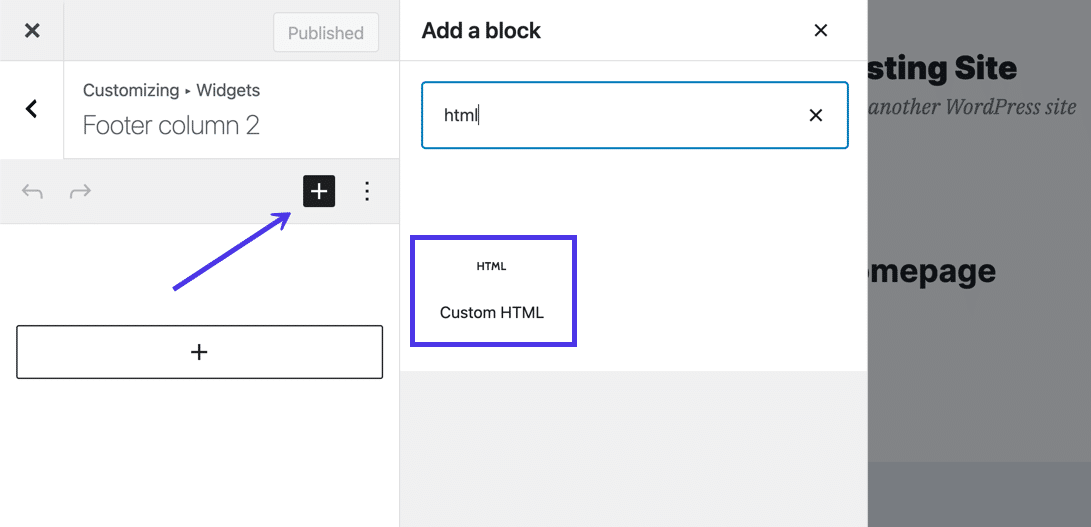 使用添加块搜索面板查找并选择自定义 HTML 块
