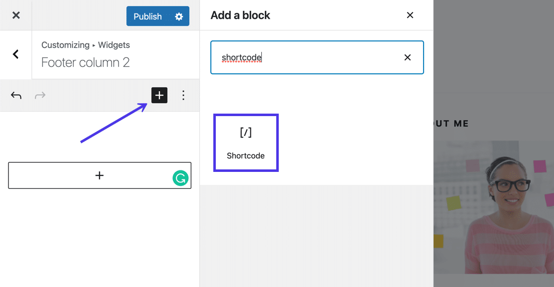 使用 Add A Block 工具查找并插入 Shortcode 块