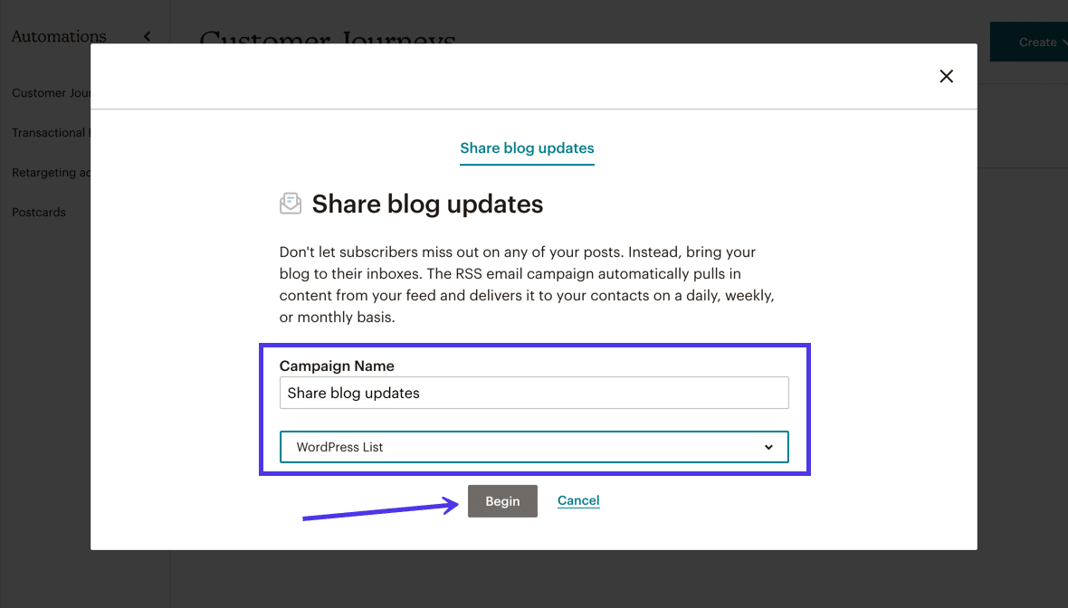 制作活动名称并标记哪个 Mailchimp 列表应该接收博客更新