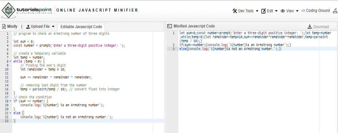 Tutorialspoint JavaScript Minifier 同時縮小 JavaScript