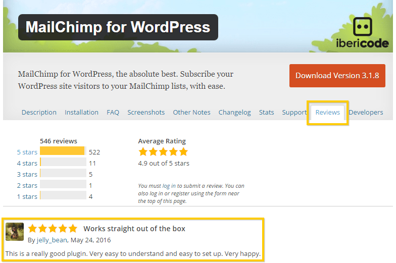 查看 Mailchimp 的 WordPress 插件评论