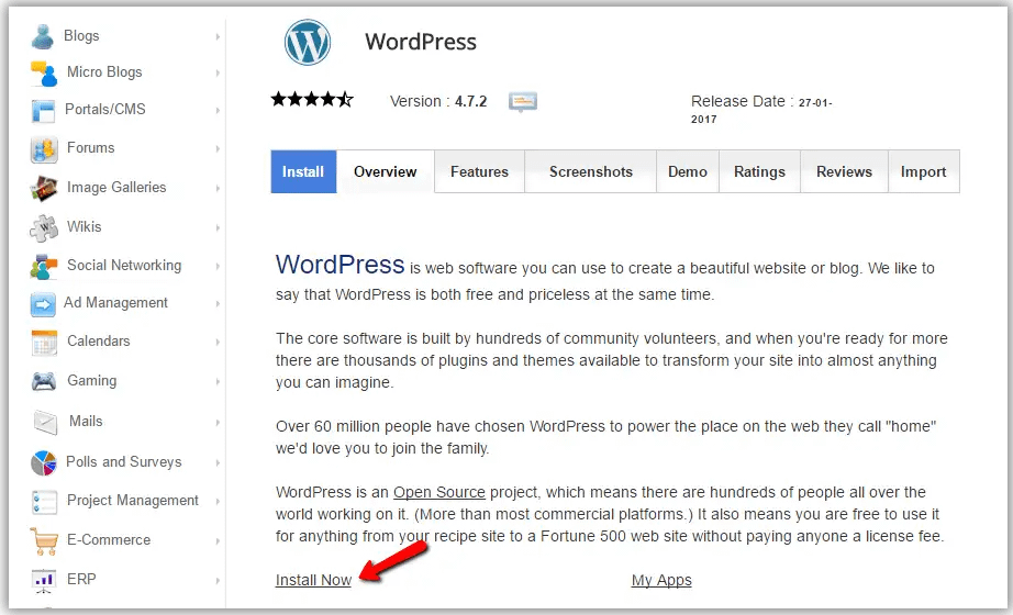 點擊安裝WordPress