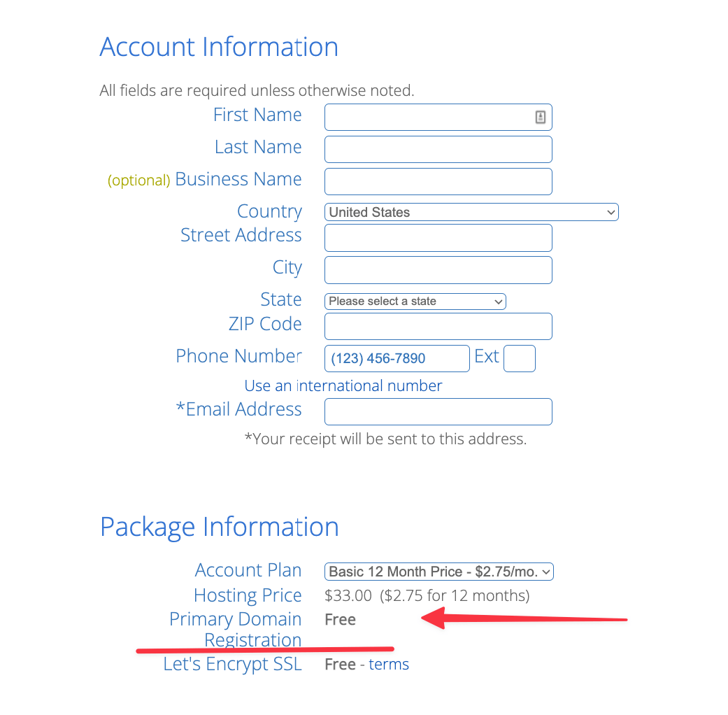 Bluehost：免费获取域名需要添加的信息