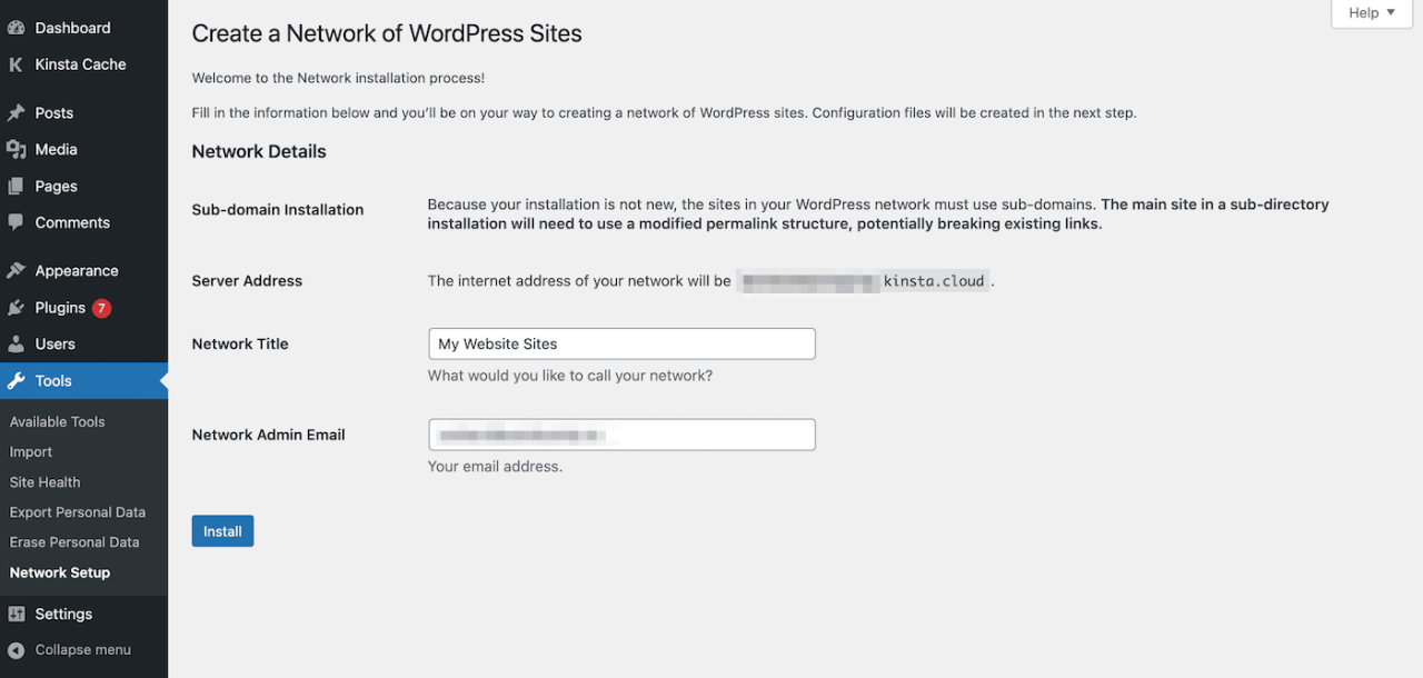 WordPress儀錶板中的多站點網路設置