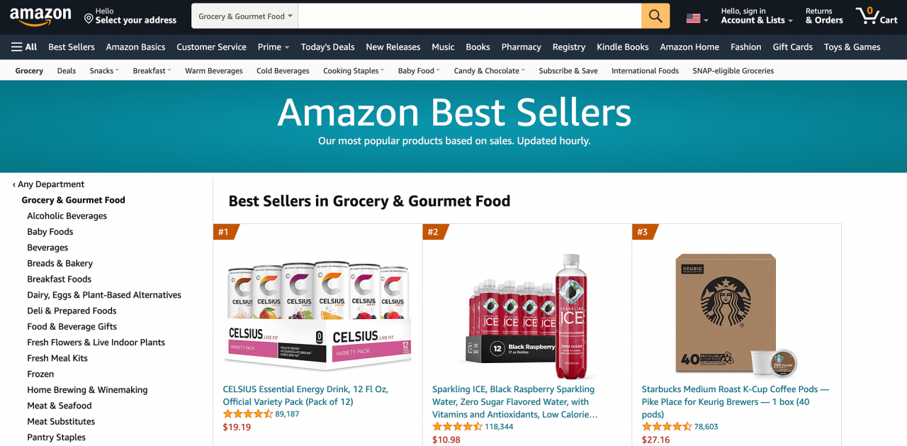 杂货和美食类别中最畅销的亚马逊产品。