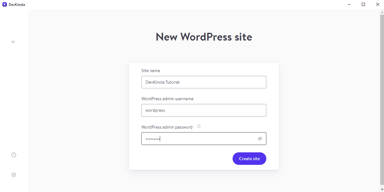 DevKinsta 的新 WordPress 站点创建屏幕。