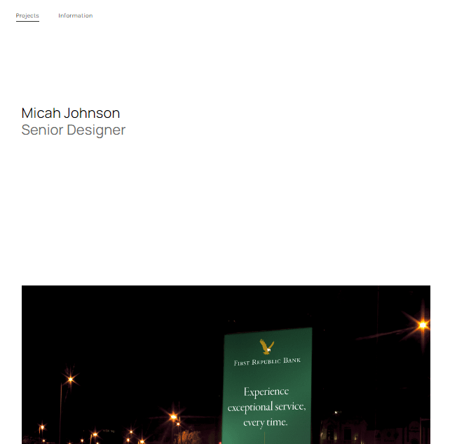 Micah Johnson 的网站是在线投资组合的教科书式极简主义网站示例。
