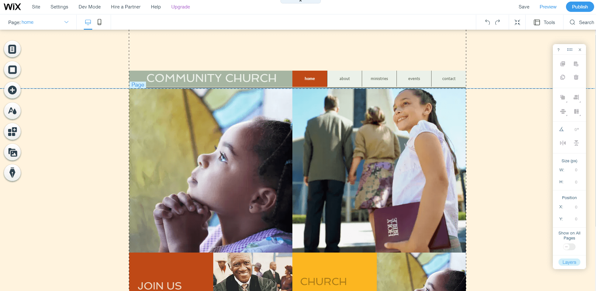 正如这个以教堂为中心的模板所示，Wix 是最好的教堂网站建设者之一。