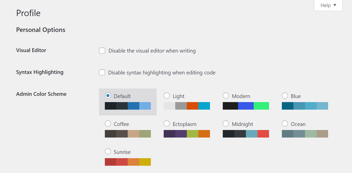 在 WordPress 中更改管理顏色方案的屏幕。