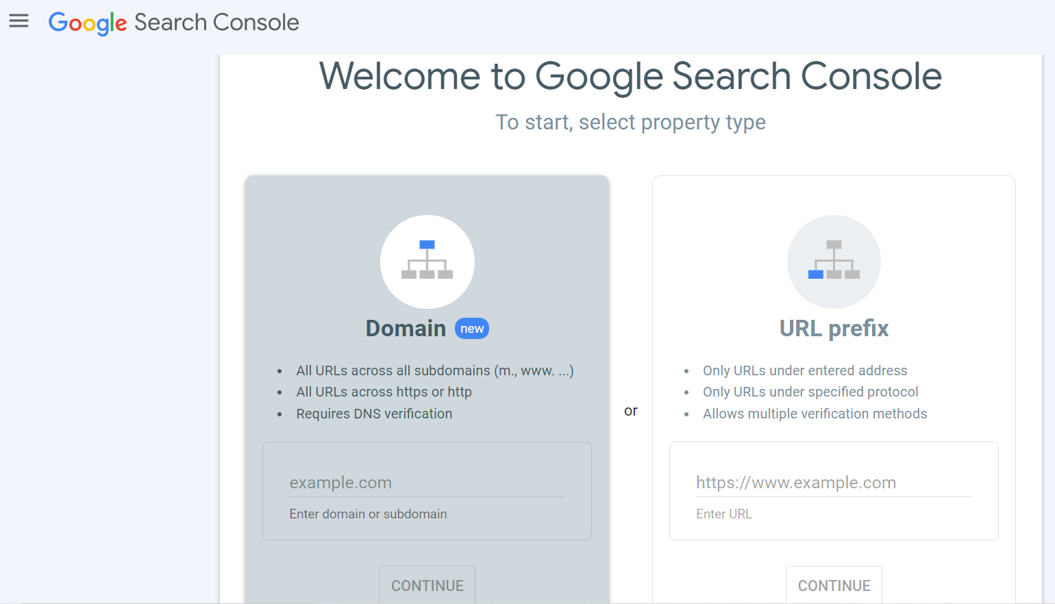 Google Search Console 的欢迎界面。 