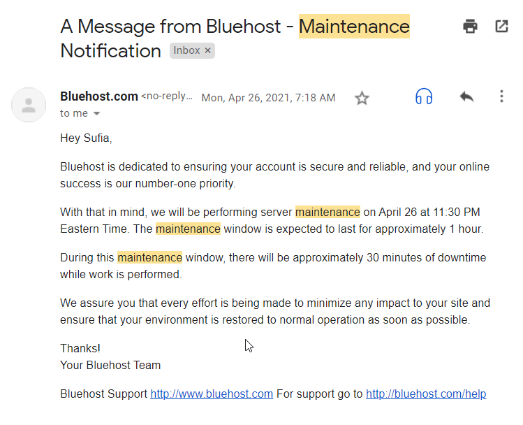 bluehost 定期維護電子郵件