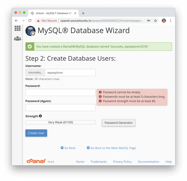 在cpanel 2 db用户和密码中创建新的mysql数据库